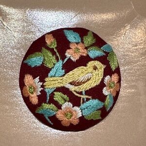 80s Embroidered Bird and Floral Brooch Hallmark